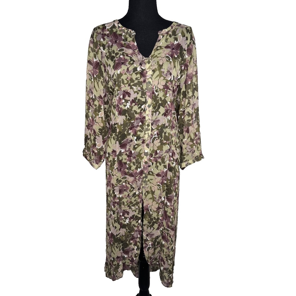 VIP Avenue Floral Button Front Midi Dress Size 14/16 Plus Front Slit Long Sleeve